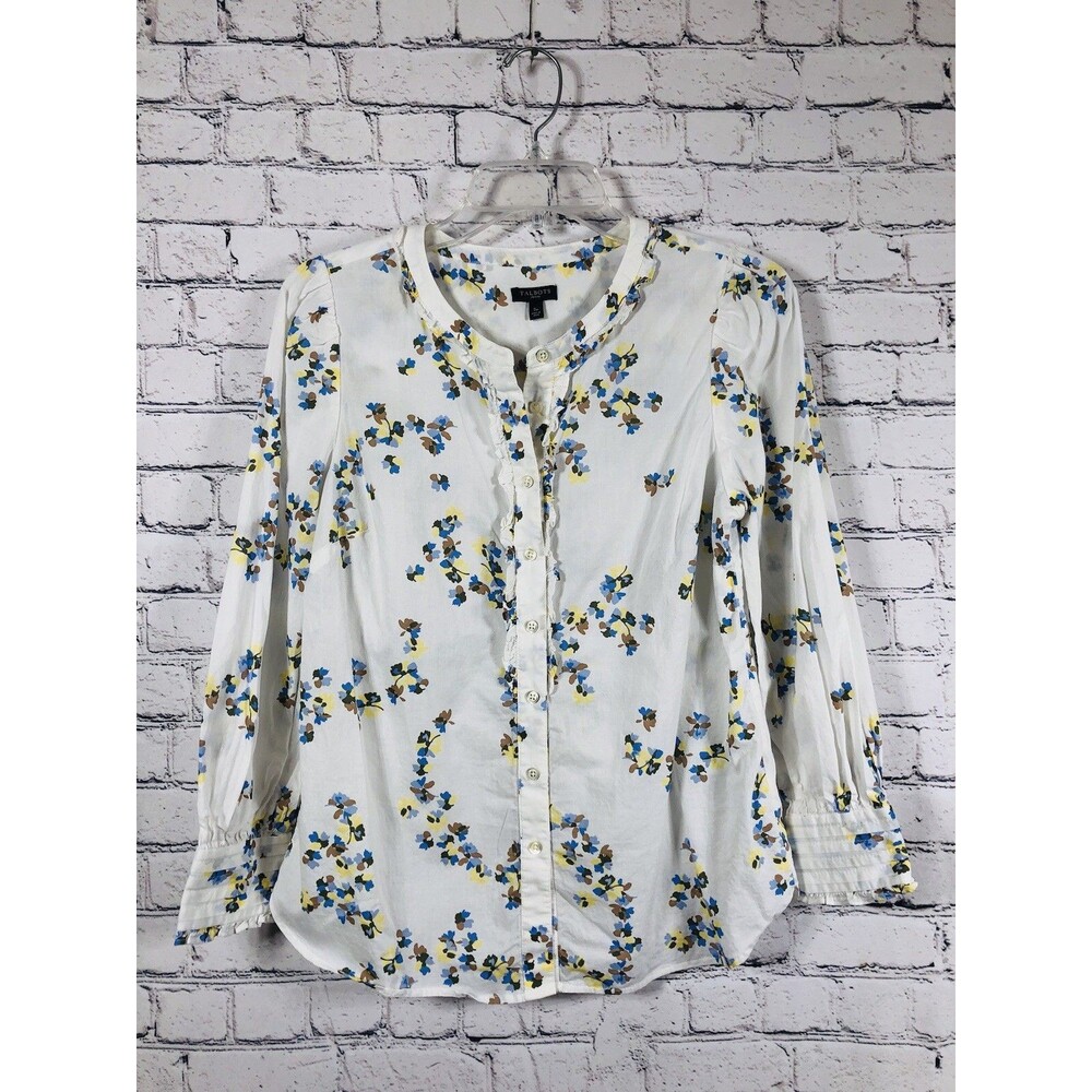 Talbots Women Floral Blouse Ruffle Trim Smocked Cuffs White Blue Yellow Petite S